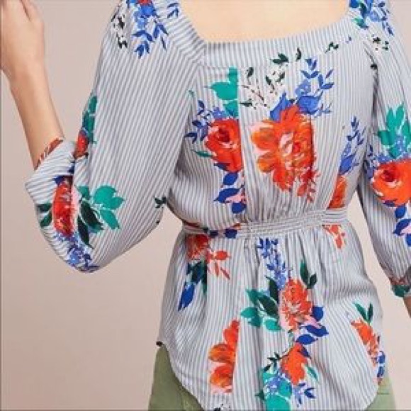 Maeve Lilorne Striped Floral Button Down Top - Picture 2 of 14